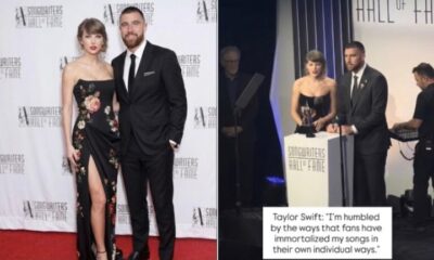Travis Kelce Finally Makes His Red Carpet Debut Alongside Fiancée Taylor Swift, Later Escorting the Pop Superstar to the Stage as She Accepts Songwriters Hall of Fame Induction in New York City